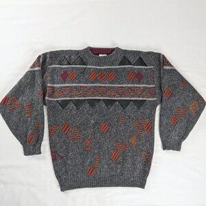 VTG Gray Orange Red Geometric Faux Leather Knit Crewneck Sweater Grandpacore